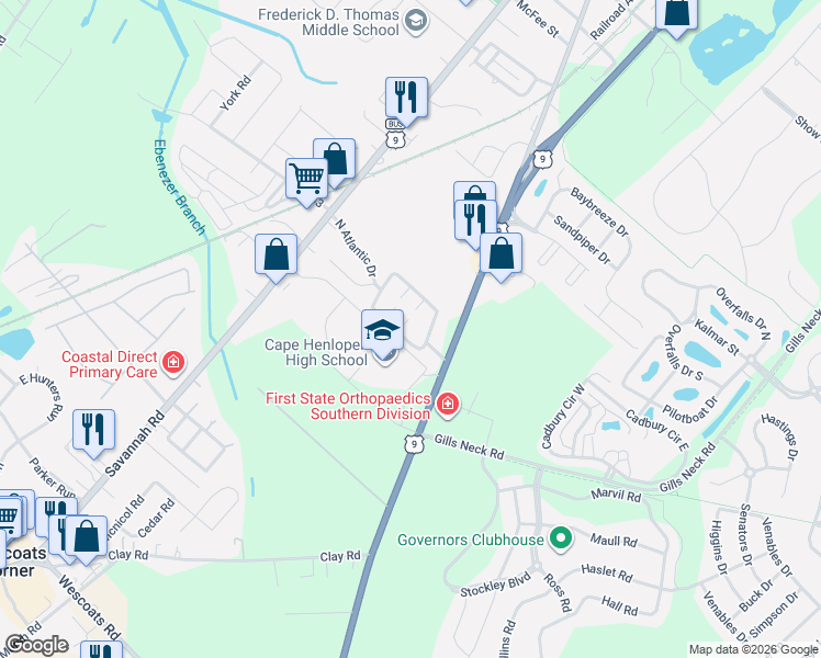map of restaurants, bars, coffee shops, grocery stores, and more near 6 Henlopen Gardens in Lewes