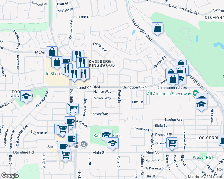 map of restaurants, bars, coffee shops, grocery stores, and more near 1008 Haman Way in Roseville