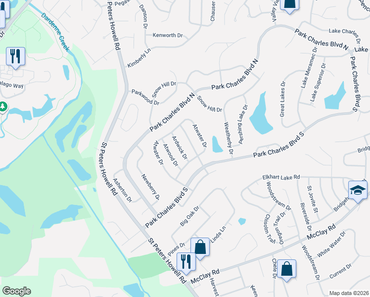 map of restaurants, bars, coffee shops, grocery stores, and more near 10 Atwood Drive in St. Peters