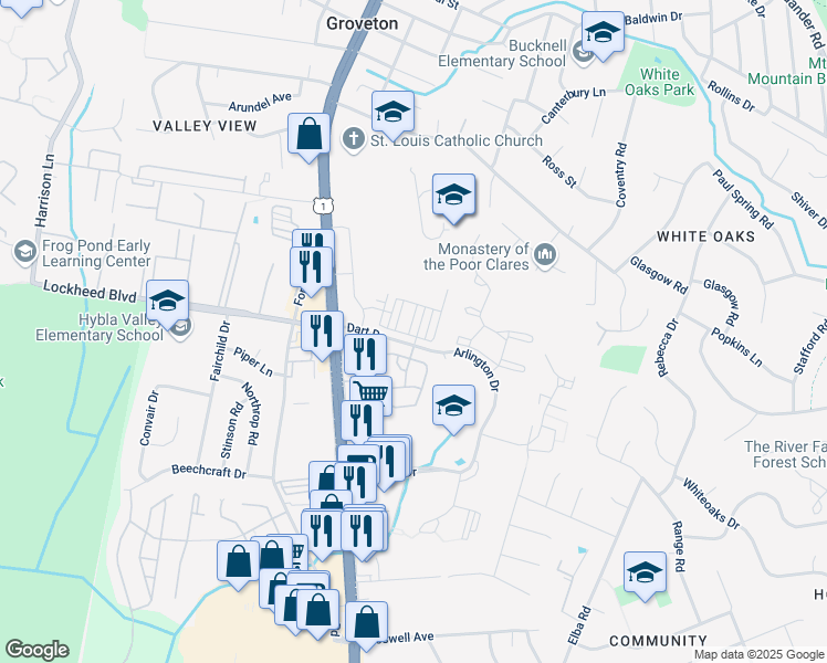 map of restaurants, bars, coffee shops, grocery stores, and more near 7282 Nittany Lane in Hybla Valley