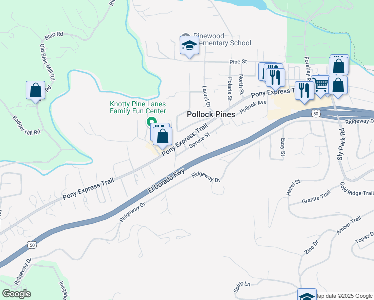 map of restaurants, bars, coffee shops, grocery stores, and more near 6202 Spruce Street in Pollock Pines