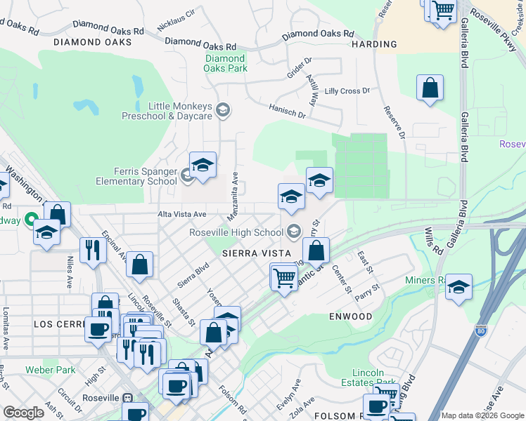 map of restaurants, bars, coffee shops, grocery stores, and more near 601 Sierra Boulevard in Roseville