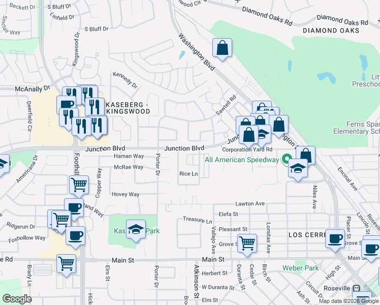 map of restaurants, bars, coffee shops, grocery stores, and more near 47 Marty Circle in Roseville