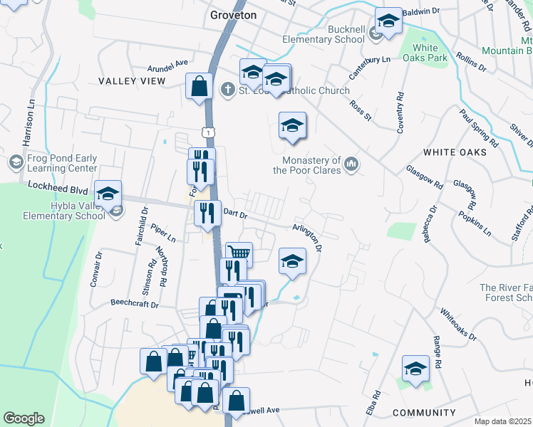 map of restaurants, bars, coffee shops, grocery stores, and more near 7282 Nittany Lane in Hybla Valley