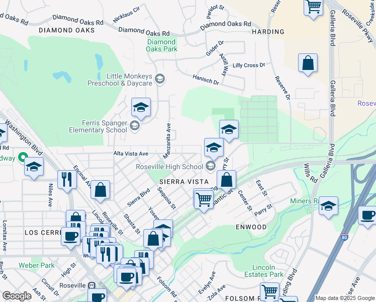 map of restaurants, bars, coffee shops, grocery stores, and more near 709 Alta Vista Avenue in Roseville