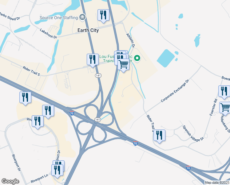 map of restaurants, bars, coffee shops, grocery stores, and more near 125 Corporate Office Drive in Earth City