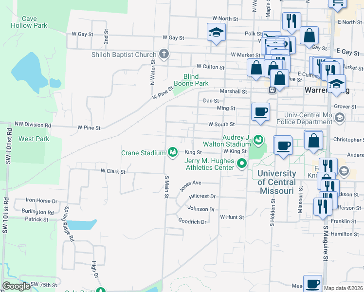map of restaurants, bars, coffee shops, grocery stores, and more near 417 King Street in Warrensburg