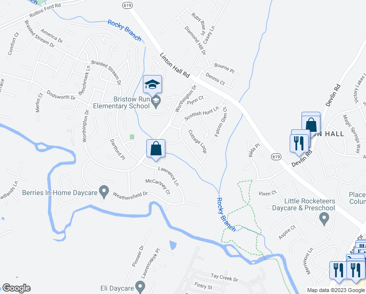 map of restaurants, bars, coffee shops, grocery stores, and more near 13204 Scottish Hunt Lane in Bristow