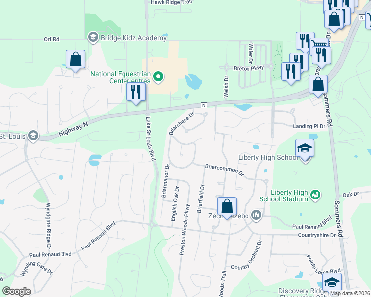 map of restaurants, bars, coffee shops, grocery stores, and more near 62 Briarchase Court in Lake Saint Louis