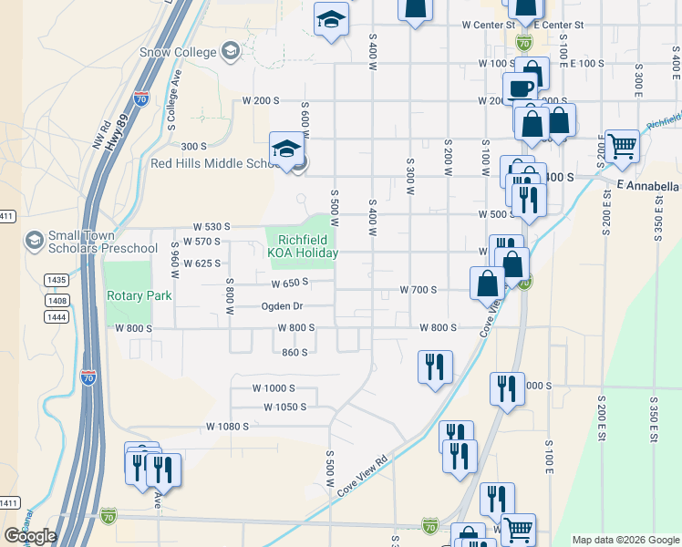 map of restaurants, bars, coffee shops, grocery stores, and more near 490 West 700 South in Richfield