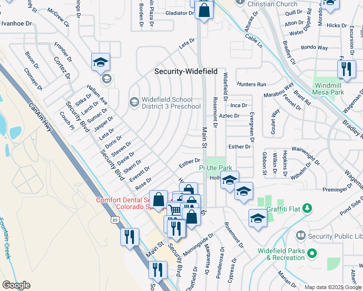 map of restaurants, bars, coffee shops, grocery stores, and more near 801 Dahlia Drive in Colorado Springs