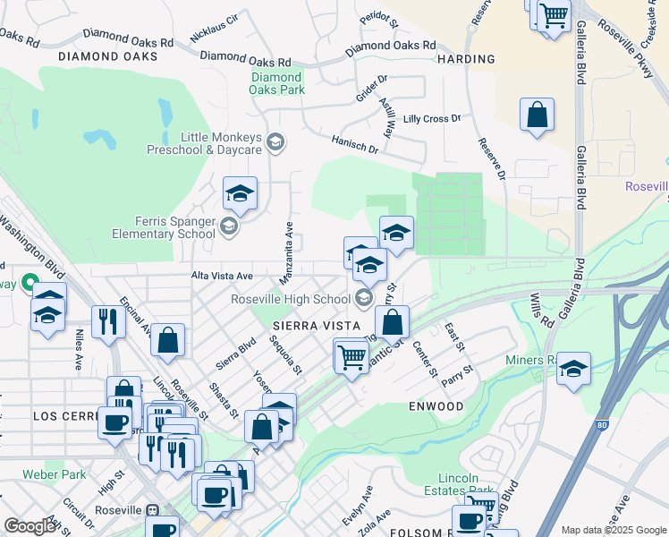 map of restaurants, bars, coffee shops, grocery stores, and more near 601 Sierra Boulevard in Roseville
