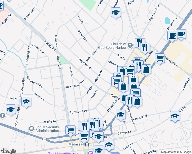 map of restaurants, bars, coffee shops, grocery stores, and more near 9006 Weems Road in Manassas