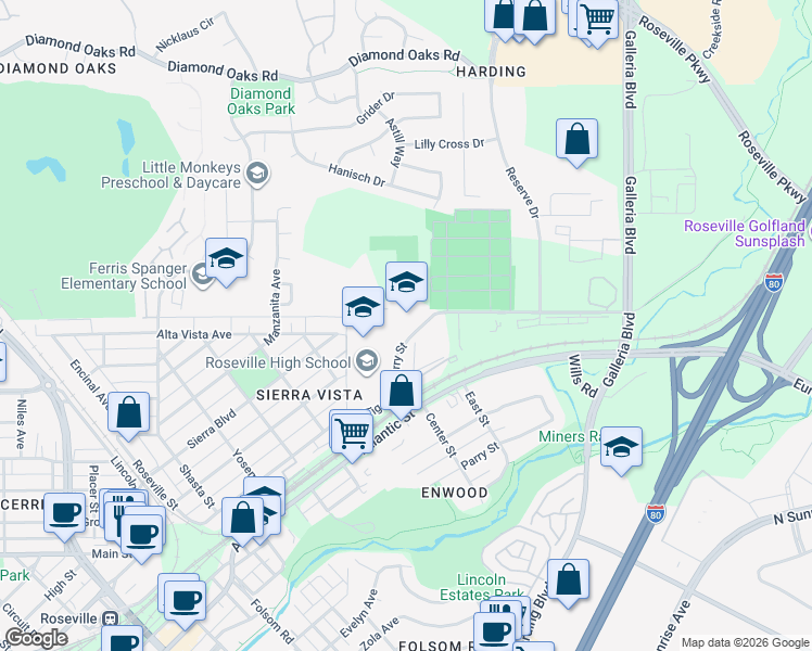 map of restaurants, bars, coffee shops, grocery stores, and more near 125 Berry Street in Roseville