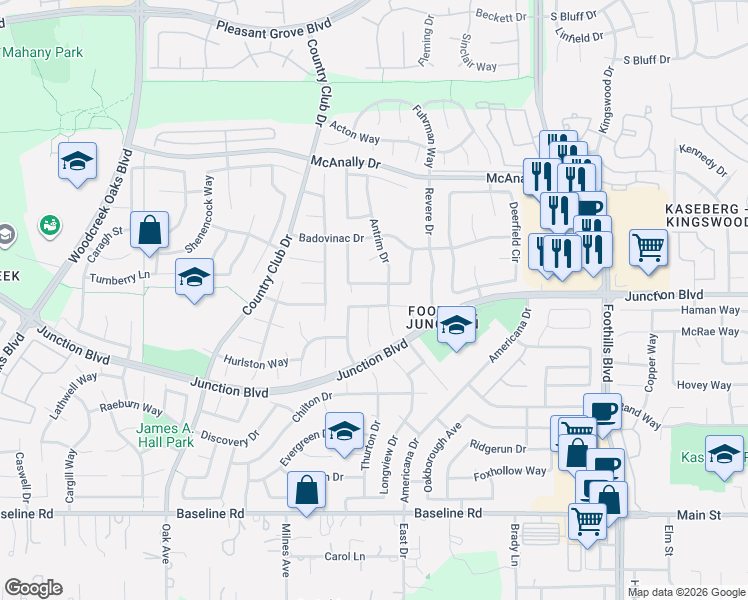 map of restaurants, bars, coffee shops, grocery stores, and more near 1632 Alnwick Drive in Roseville