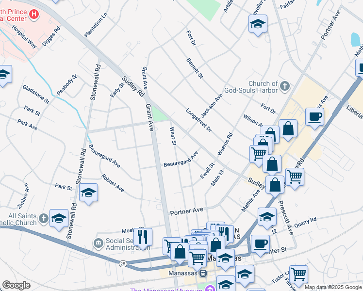 map of restaurants, bars, coffee shops, grocery stores, and more near 9132 Taylor Street in Manassas