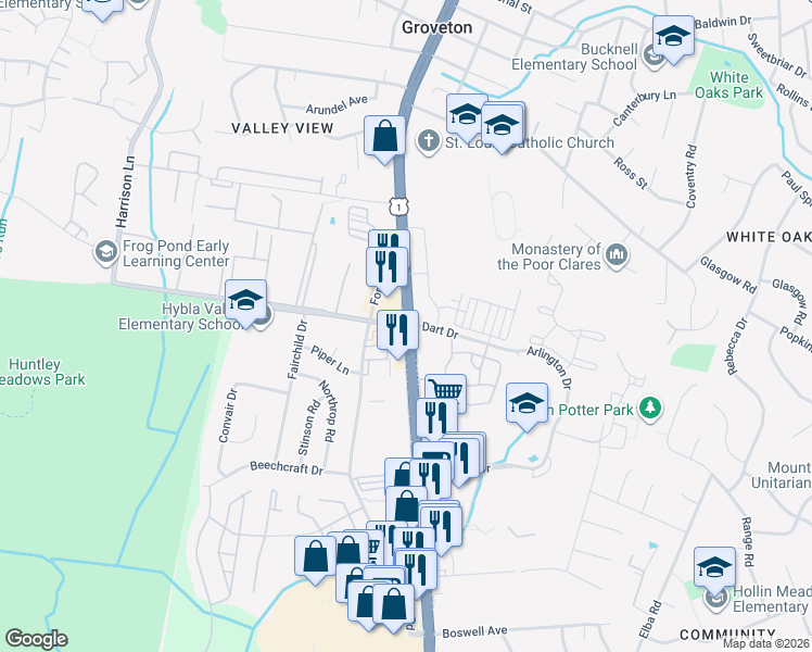 map of restaurants, bars, coffee shops, grocery stores, and more near Richmond Hwy & Lockheed Blvd in Hybla Valley