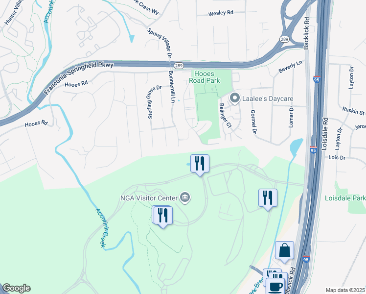 map of restaurants, bars, coffee shops, grocery stores, and more near 7311 Bonniemill Lane in Springfield