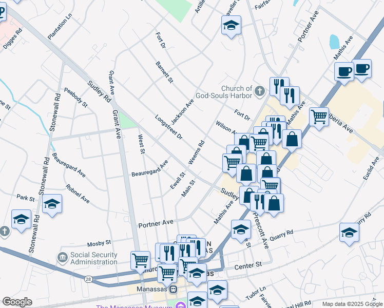 map of restaurants, bars, coffee shops, grocery stores, and more near 9006 Weems Road in Manassas