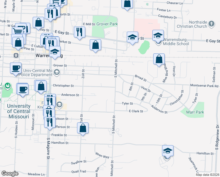 map of restaurants, bars, coffee shops, grocery stores, and more near 402 South Mitchell Street in Warrensburg