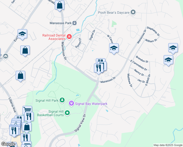 map of restaurants, bars, coffee shops, grocery stores, and more near 9037 Christopher Lane in Manassas Park