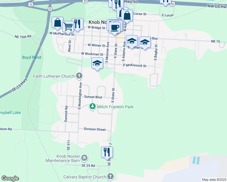 map of restaurants, bars, coffee shops, grocery stores, and more near 918 Southeast State Highway J in Knob Noster