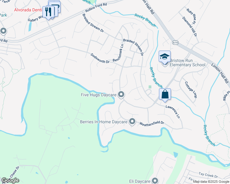 map of restaurants, bars, coffee shops, grocery stores, and more near 13579 Wyecrosse Court in Bristow