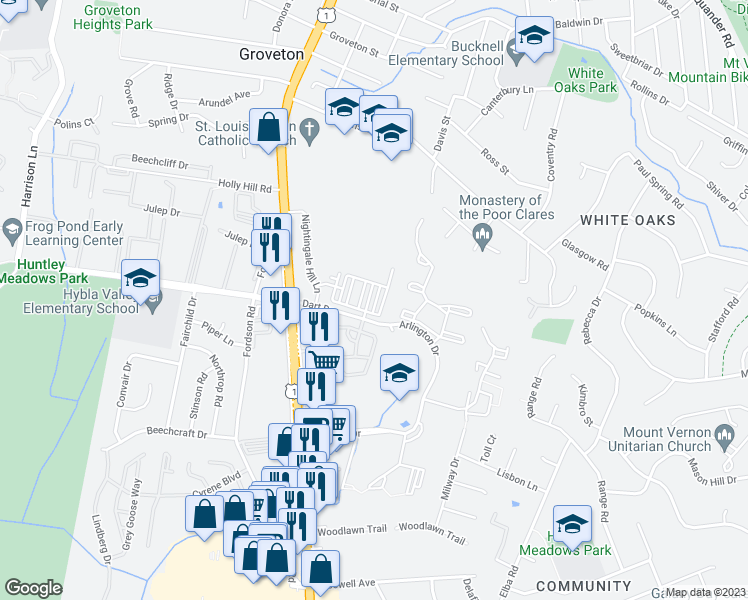 map of restaurants, bars, coffee shops, grocery stores, and more near 7273 Nittany Lane in Hybla Valley