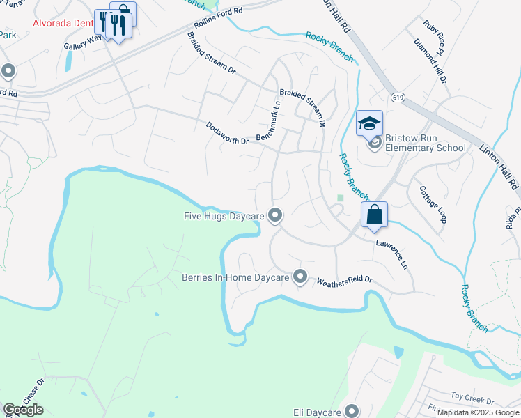 map of restaurants, bars, coffee shops, grocery stores, and more near 13579 Wyecrosse Court in Bristow