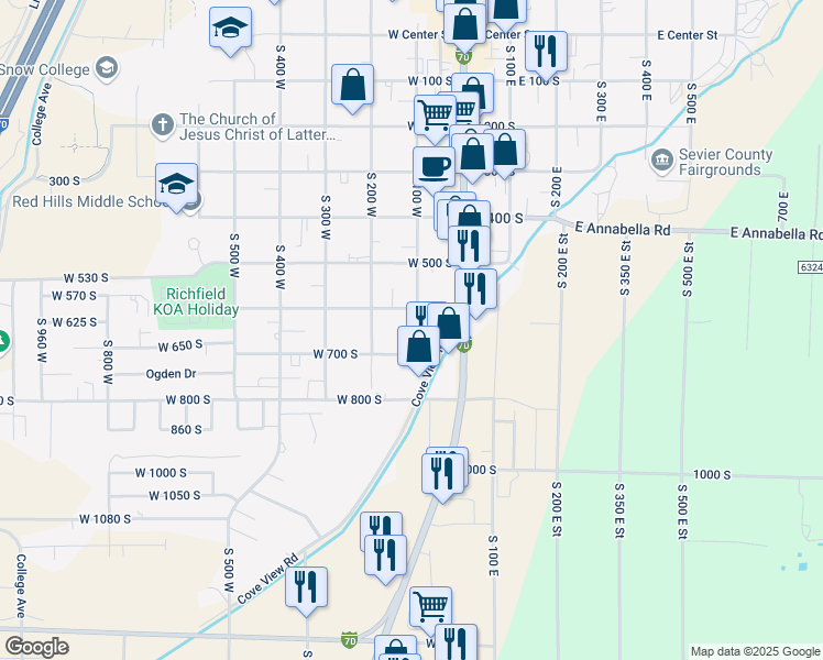 map of restaurants, bars, coffee shops, grocery stores, and more near 146 West 700 South in Richfield