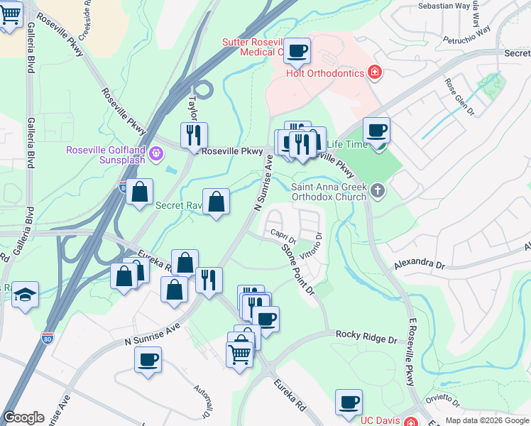 map of restaurants, bars, coffee shops, grocery stores, and more near 3016 Mercato Way in Roseville