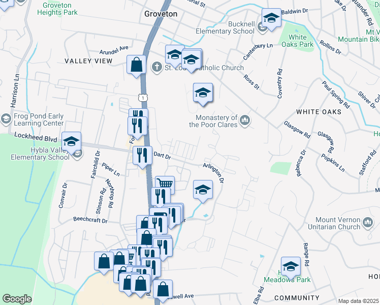 map of restaurants, bars, coffee shops, grocery stores, and more near 7273 Nittany Lane in Hybla Valley
