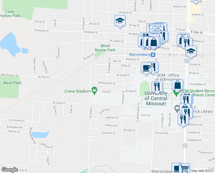map of restaurants, bars, coffee shops, grocery stores, and more near 323 King Street in Warrensburg