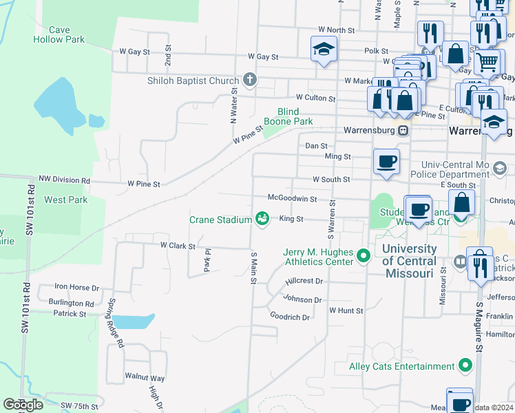 map of restaurants, bars, coffee shops, grocery stores, and more near 499 King Street in Warrensburg