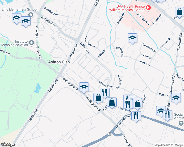 map of restaurants, bars, coffee shops, grocery stores, and more near 10014 Confederate Trail in Manassas