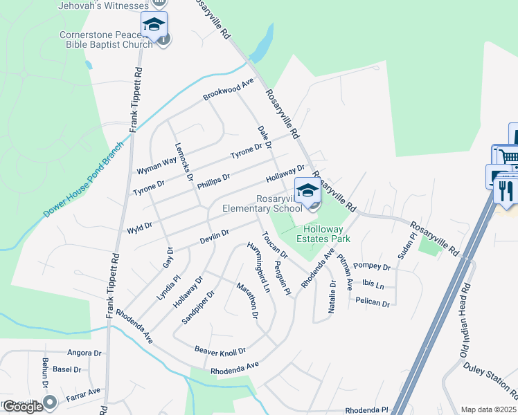 map of restaurants, bars, coffee shops, grocery stores, and more near 9500 Toucan Drive in Upper Marlboro