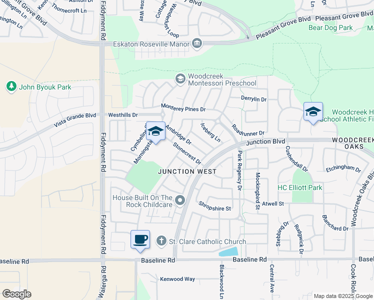 map of restaurants, bars, coffee shops, grocery stores, and more near 1872 Stonecrest Drive in Roseville