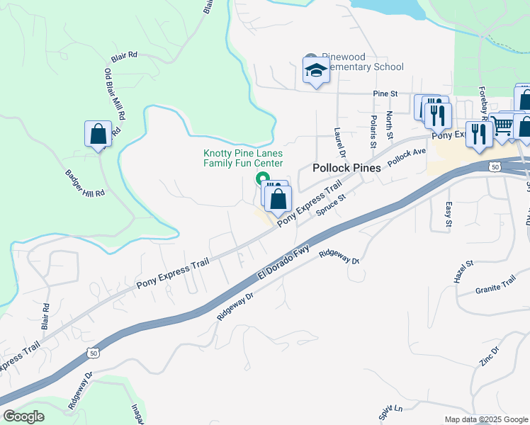 map of restaurants, bars, coffee shops, grocery stores, and more near 2656 Sanders Drive in Pollock Pines