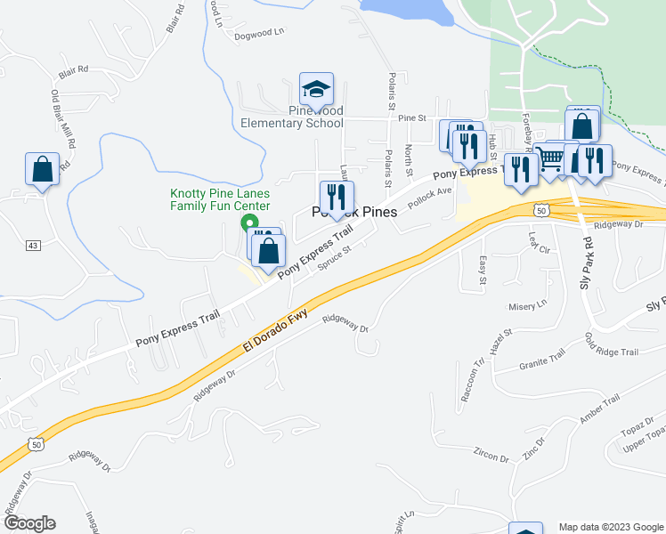 map of restaurants, bars, coffee shops, grocery stores, and more near 6216 Spruce Street in Pollock Pines