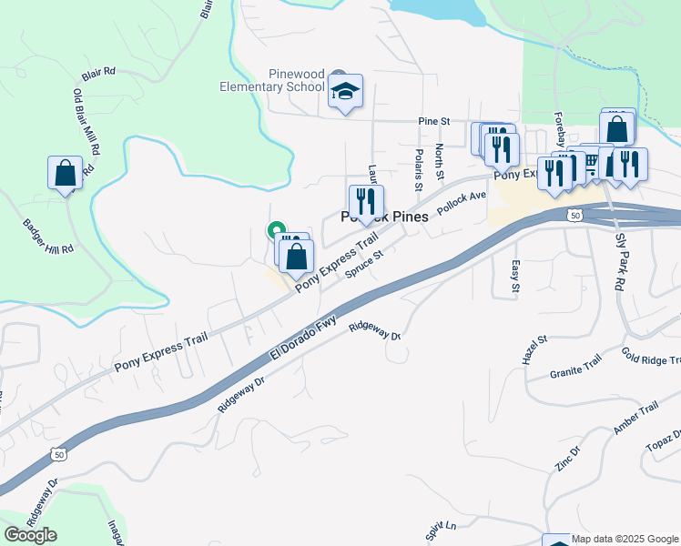 map of restaurants, bars, coffee shops, grocery stores, and more near 6202 Spruce Street in Pollock Pines