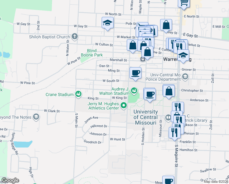 map of restaurants, bars, coffee shops, grocery stores, and more near 418 South Warren Street in Warrensburg