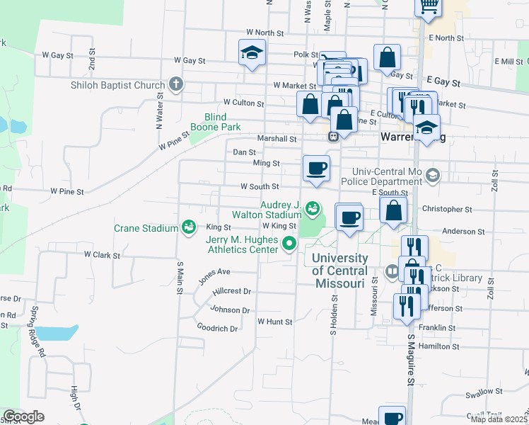 map of restaurants, bars, coffee shops, grocery stores, and more near 418 South Warren Street in Warrensburg