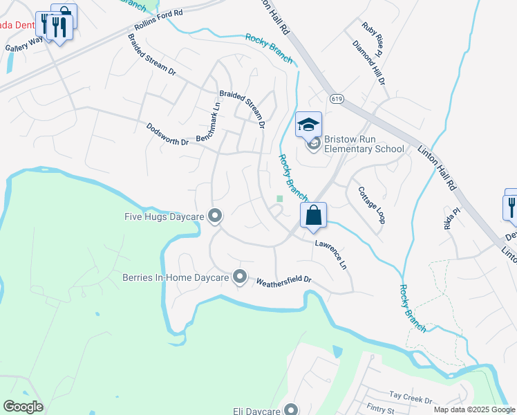 map of restaurants, bars, coffee shops, grocery stores, and more near 9121 Dartford Place in Bristow