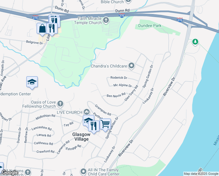 map of restaurants, bars, coffee shops, grocery stores, and more near 233 Ben Nevis Road in St. Louis