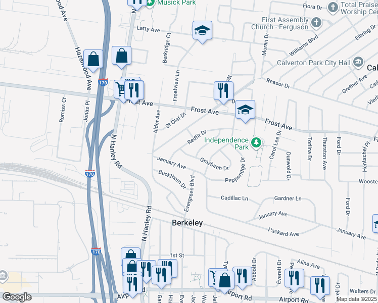map of restaurants, bars, coffee shops, grocery stores, and more near 8425 January Avenue in Berkeley