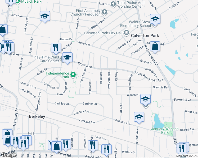 map of restaurants, bars, coffee shops, grocery stores, and more near 6709 Torlina Drive in Saint Louis