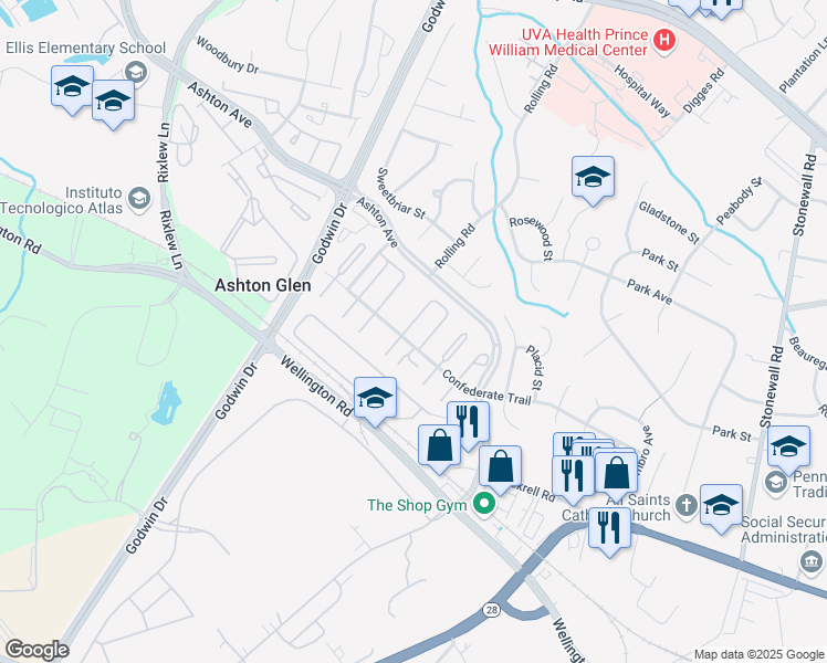 map of restaurants, bars, coffee shops, grocery stores, and more near 8988 Bonham Circle in Manassas