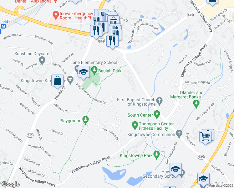 map of restaurants, bars, coffee shops, grocery stores, and more near 7433 Gillingham Row in Alexandria