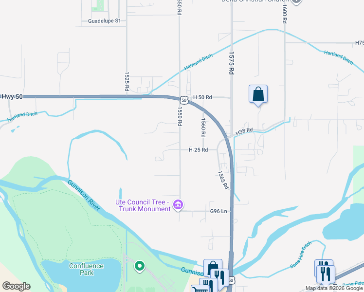 map of restaurants, bars, coffee shops, grocery stores, and more near 1554 H25 Road in Delta