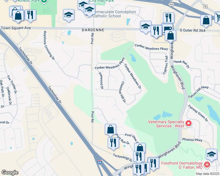 map of restaurants, bars, coffee shops, grocery stores, and more near 416 Copper Tree Trail in O'Fallon